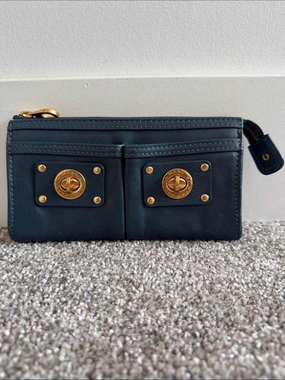 Marc Jacob’s blue Turnlock wallet clutch